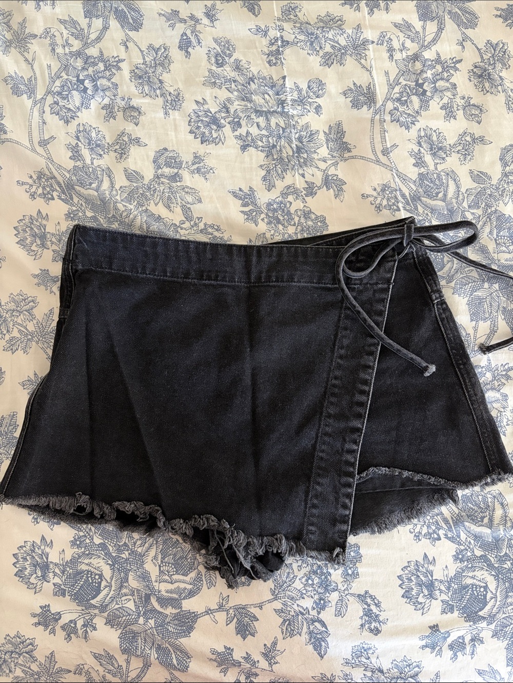 Free People Black Wrap Denim Skort with Frayed Hem